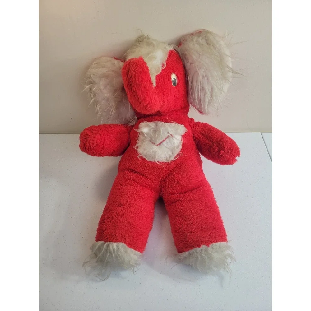 Vtg Carnival Elephant Plush Kitsch Stuffed Animal Toy Red White 22in